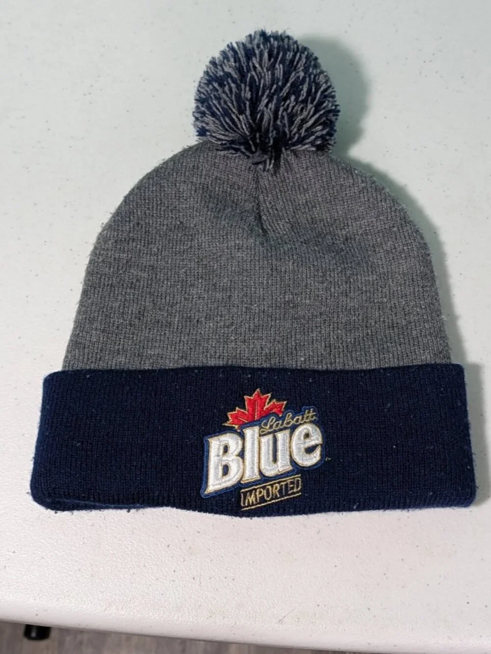 Labatt Blue Imported Beer Pom Pom Beanie Stocking Cap Blue & Gray